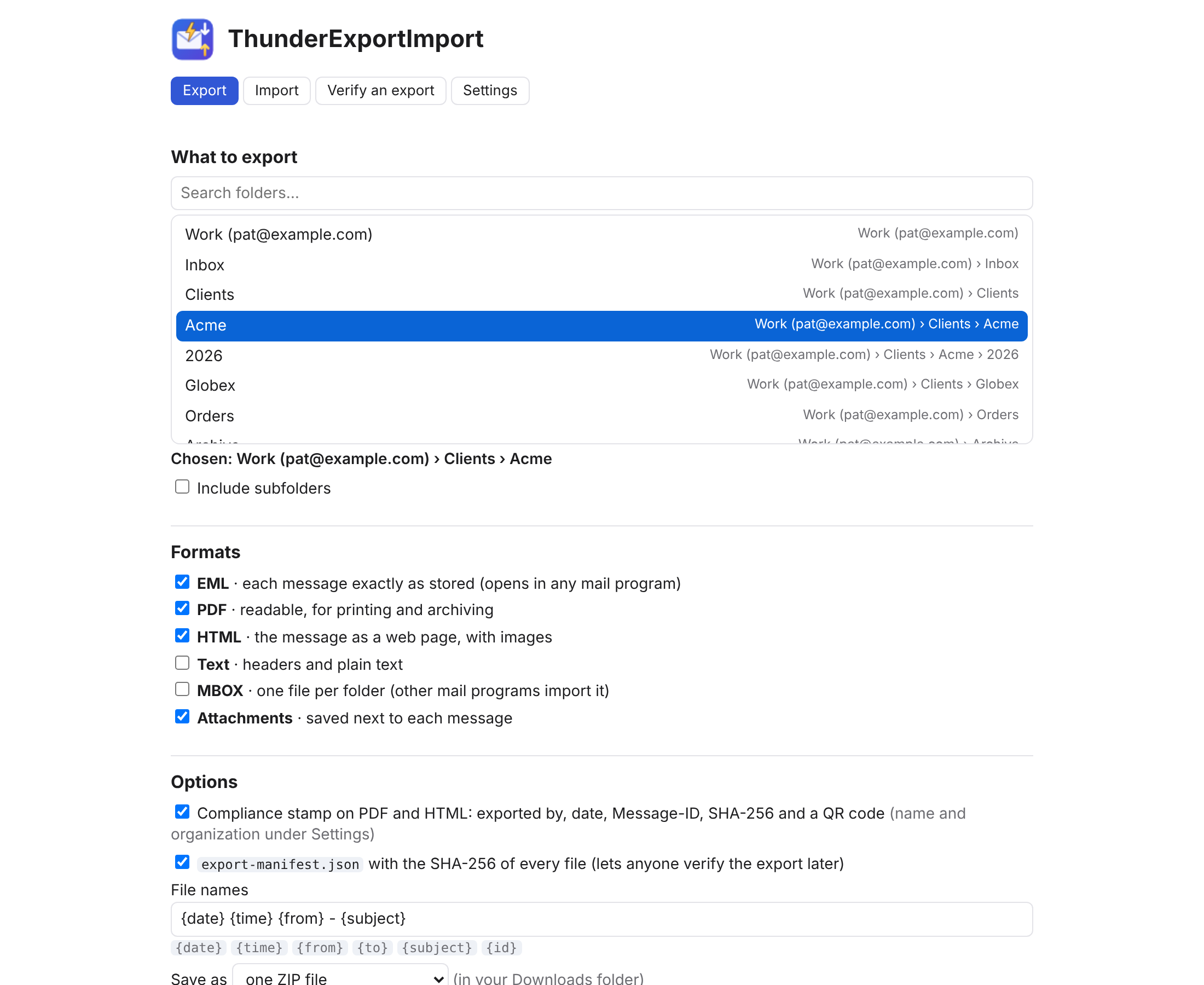 The export page: folder, formats, compliance stamp