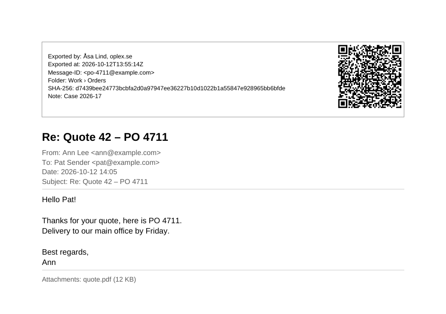 A PDF export with the compliance stamp and QR code