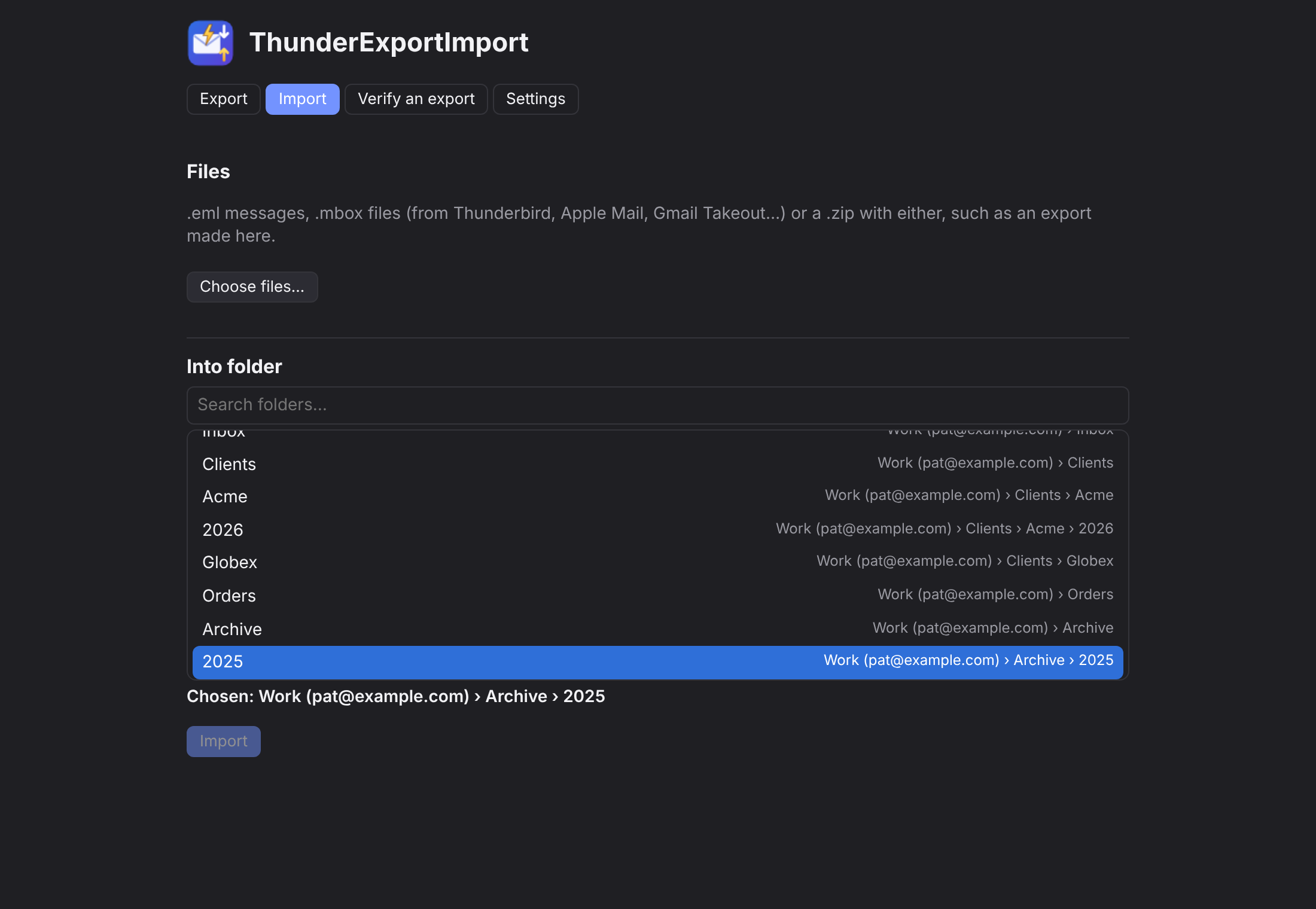 The import page in dark mode