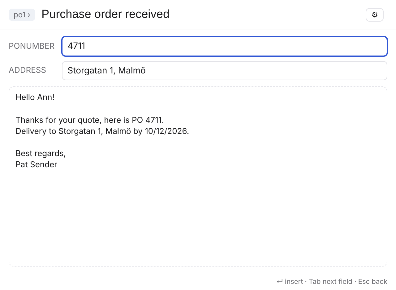 Filling in the PO number: the preview shows the finished reply