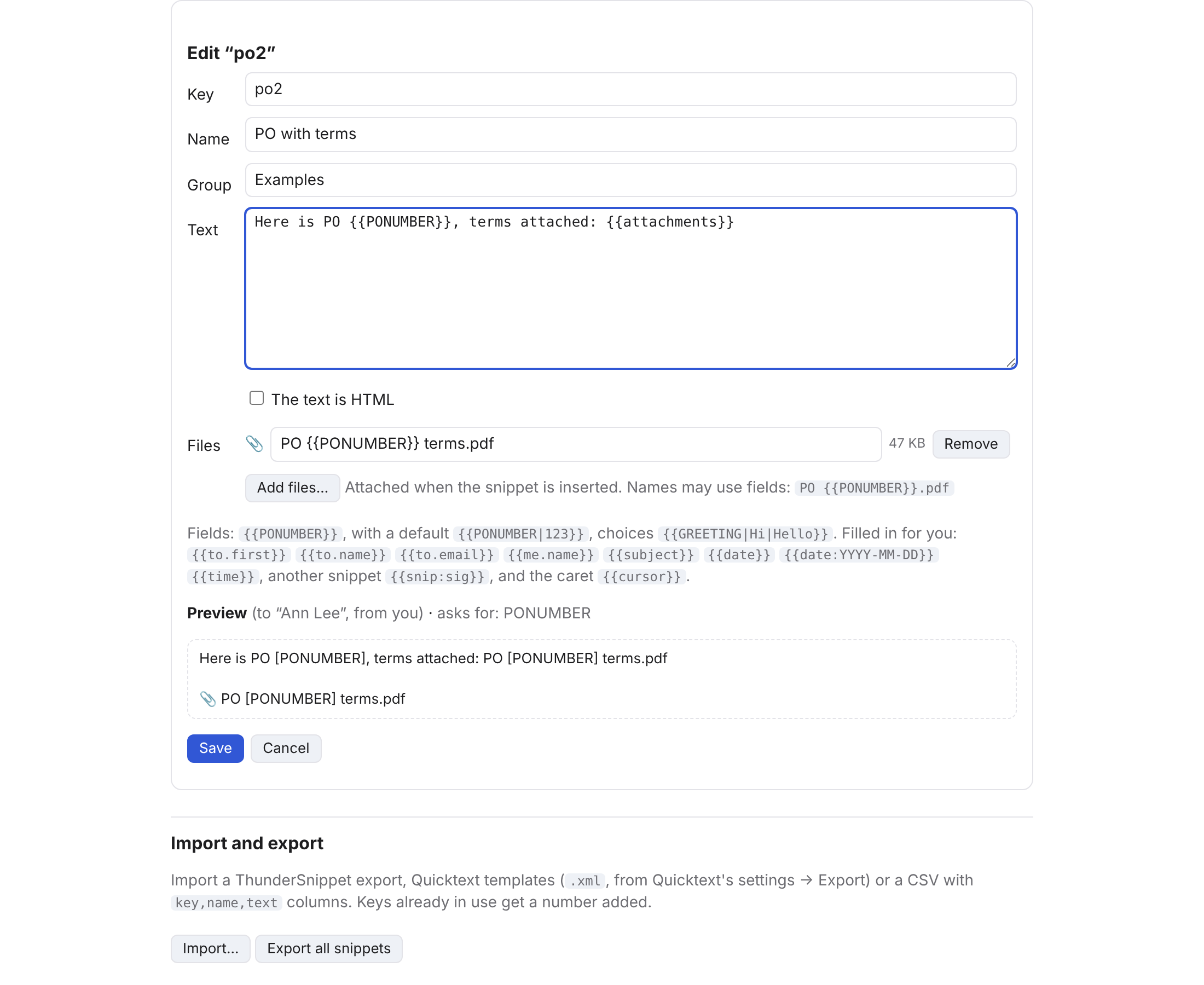 The snippet editor with a file named from a field
