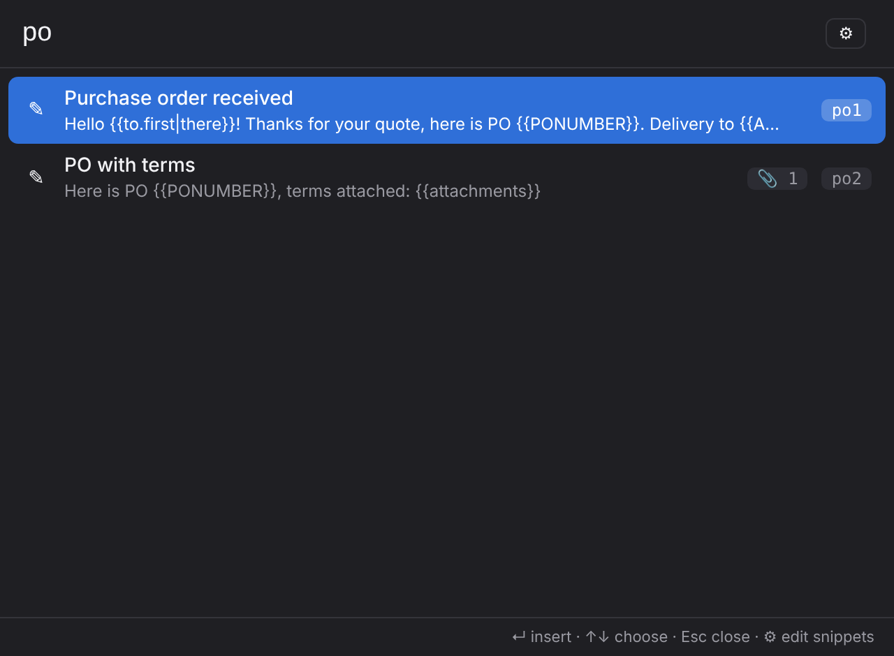 The snippet palette in dark mode