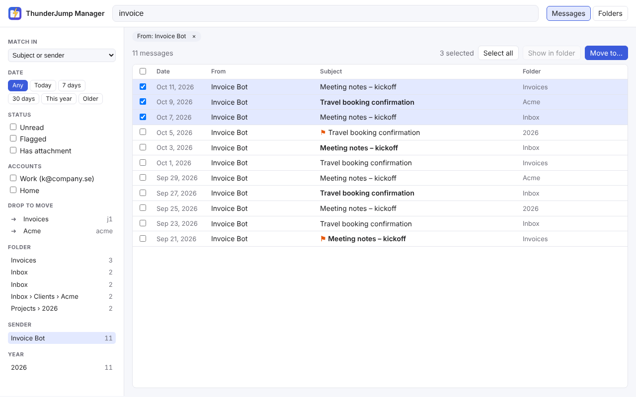 ThunderJump Manager: search mail with filters and facets, then move in bulk