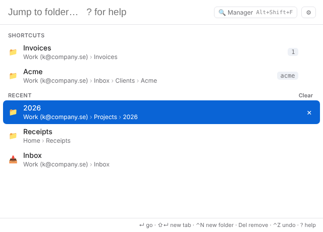 The ThunderJump palette with shortcuts and recent folders