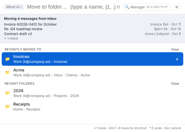 Move mode showing the selected messages and target folders